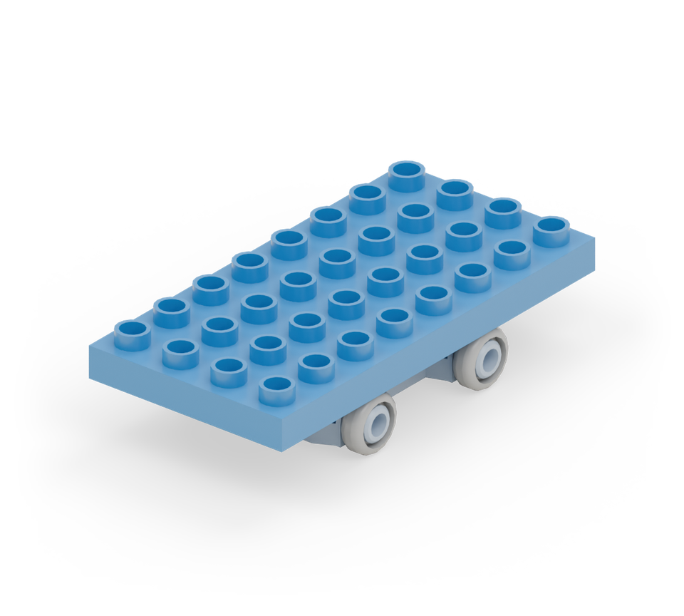 Put the blue small plate on the chassis studs, then centre the blue base plate over it. The wide floor overhangs by two rows at both ends.