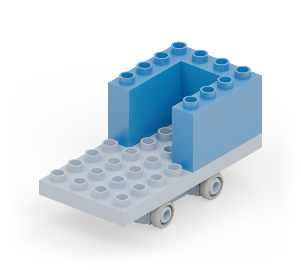Build the open loading bed at the rear. Add two blue wall bricks along each side, then turn one blue wall brick across the middle of the back edge for the tailgate.