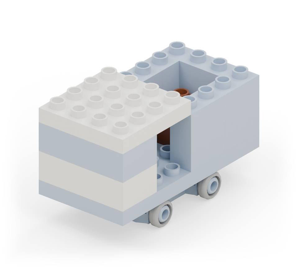 Place the brown square in the open loading bed as a parcel. Put it just in front of the tailgate, centred between the side walls.