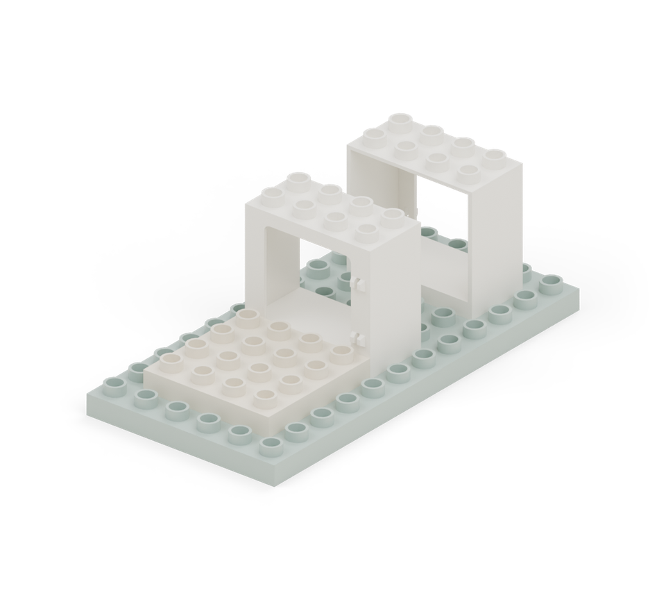 Set two white window frames along the centre of the garden, with two clear rows between them. Face the hinge details outward: the rear frame faces back and the front frame faces you.