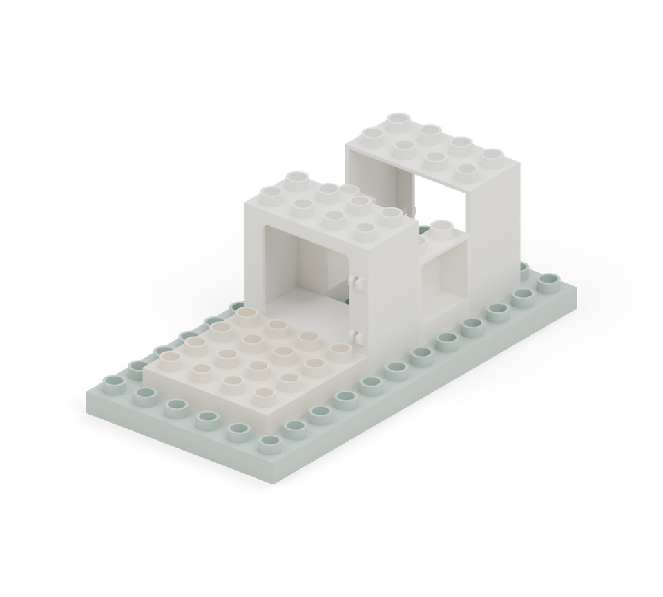 Fill the lower side walls between the frames with two white log bricks, turned from back to front. Their ridges face outward.