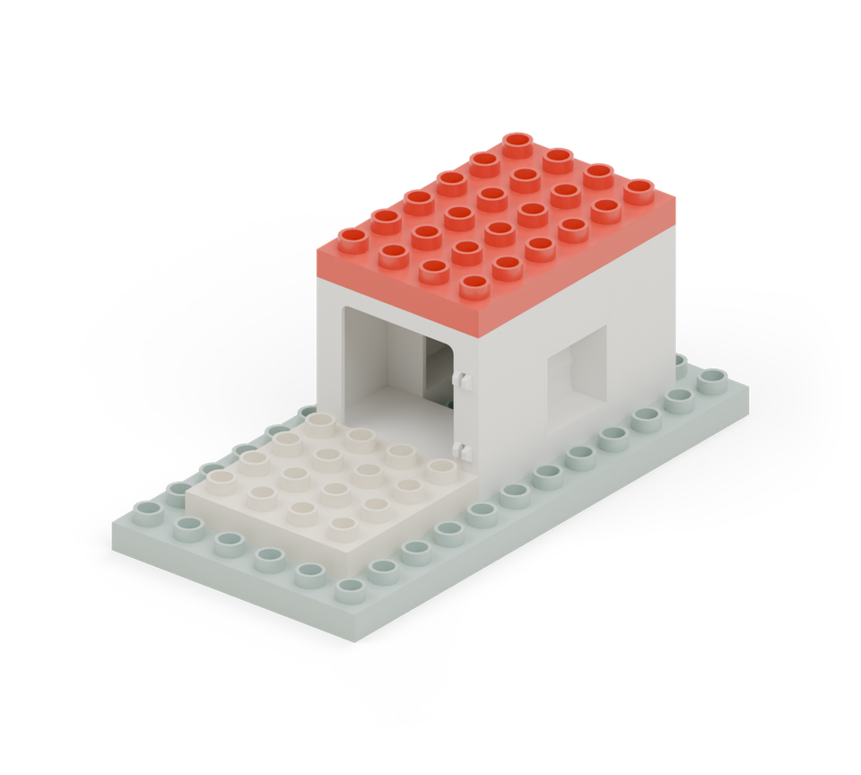Cover the cottage with the red wide plate. It spans both frames and side walls.