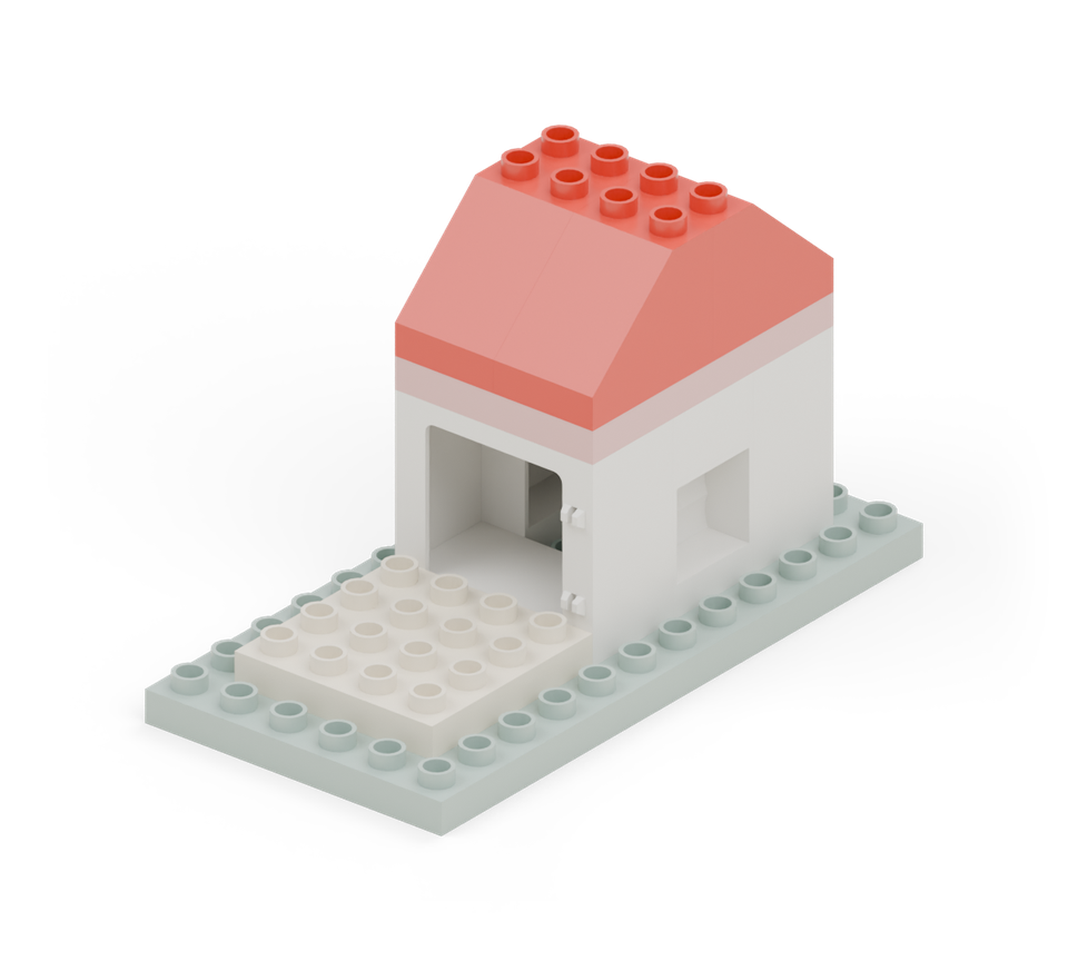Make the pitched roof with four red tall slopes. Point the low ends toward the back and front; the high edges meet along the middle ridge.
