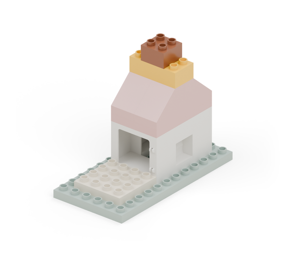 Join the ridge with a yellow long brick running across the house, then centre a brown square on it for the chimney.