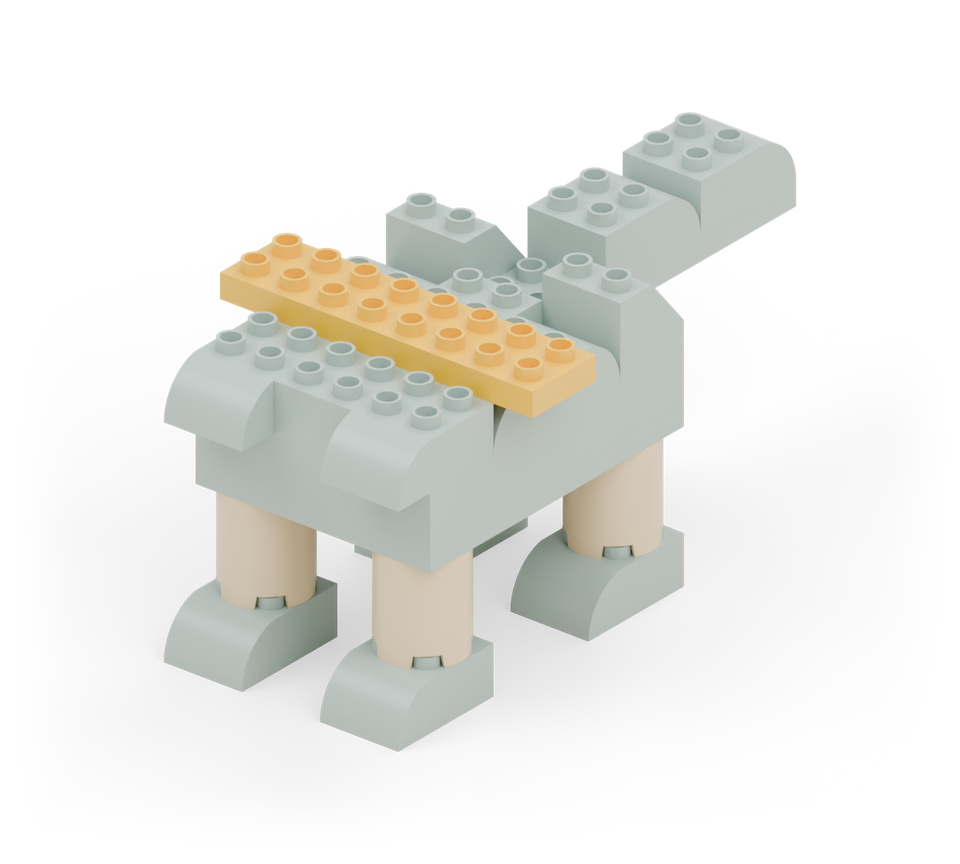Turn the yellow long plate across the back for a wing support. Its front edge lines up with the back of the neck position, and it overhangs by one stud at each side. New additions are shown in their original colours; earlier pieces are lighter.