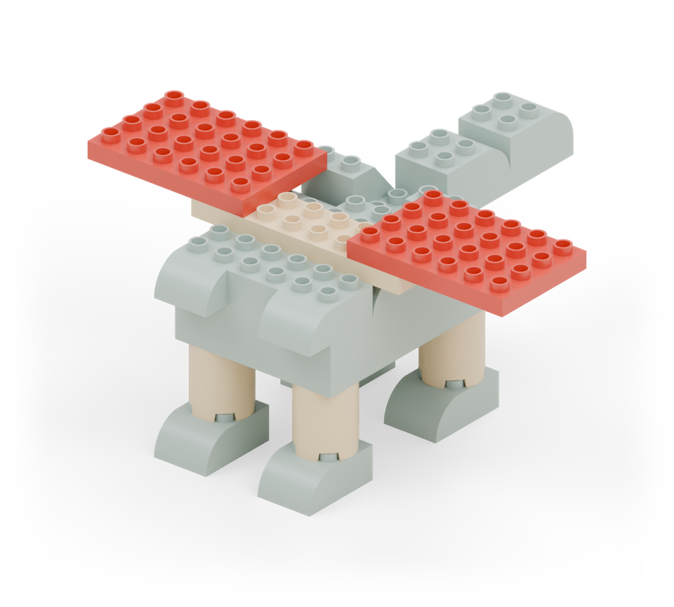 Add a red wide plate at each end of the yellow support, with their six-stud lengths pointing outward. Each wing overlaps two columns of the support and extends two rows behind it. New additions are shown in their original colours; earlier pieces are lighter.