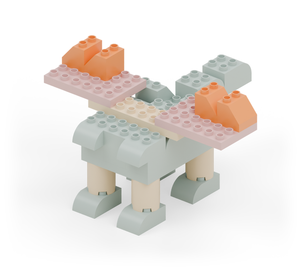Put two orange slopes along the back half of each wing, starting at the outer tips. Point their low ends away from the body. New additions are shown in their original colours; earlier pieces are lighter.
