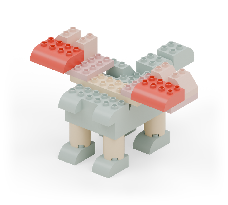 Add two red curved bricks along the front half of each wing. Their rounded ends project one row beyond the red plates. New additions are shown in their original colours; earlier pieces are lighter.