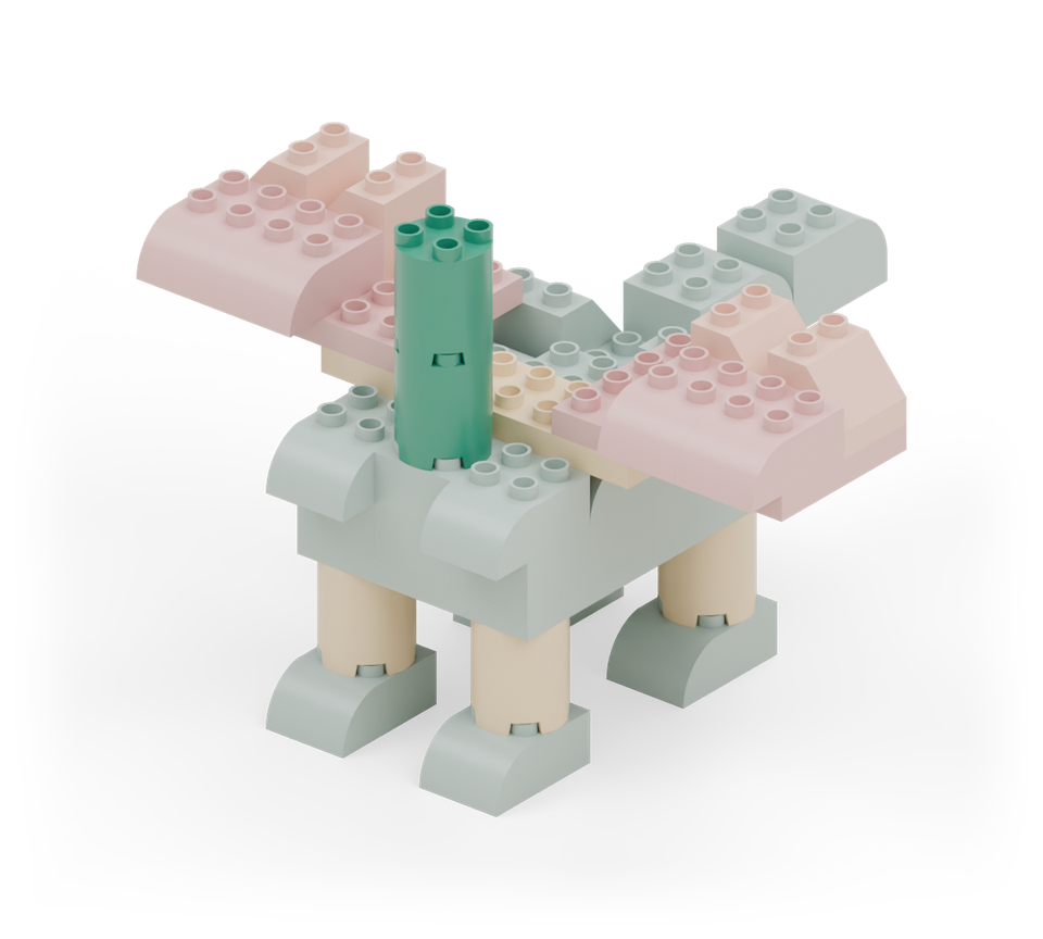 Stack two green round bricks at the front of the centre body brick for the long neck. New additions are shown in their original colours; earlier pieces are lighter.
