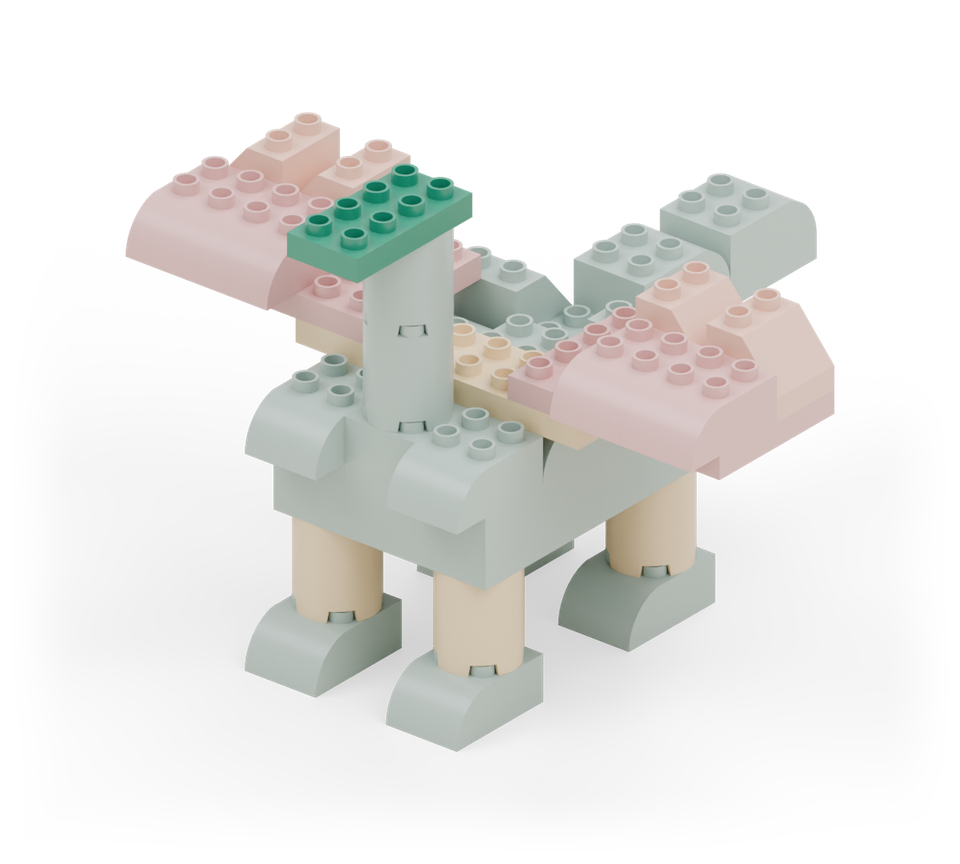Set the green small plate on the neck, with two rows projecting forward for the nose. New additions are shown in their original colours; earlier pieces are lighter.