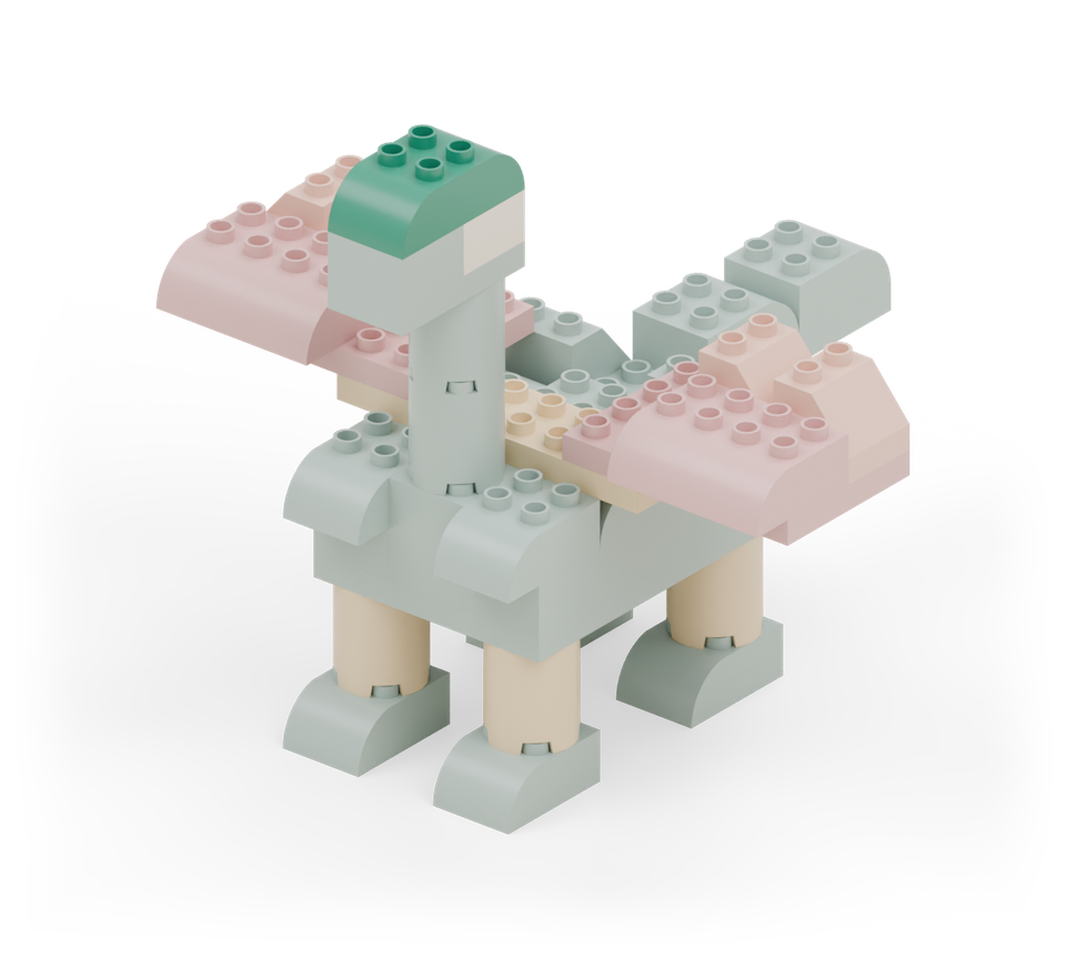 Finish the head with a green double-curved brick, lined up over both squares. New additions are shown in their original colours; earlier pieces are lighter.