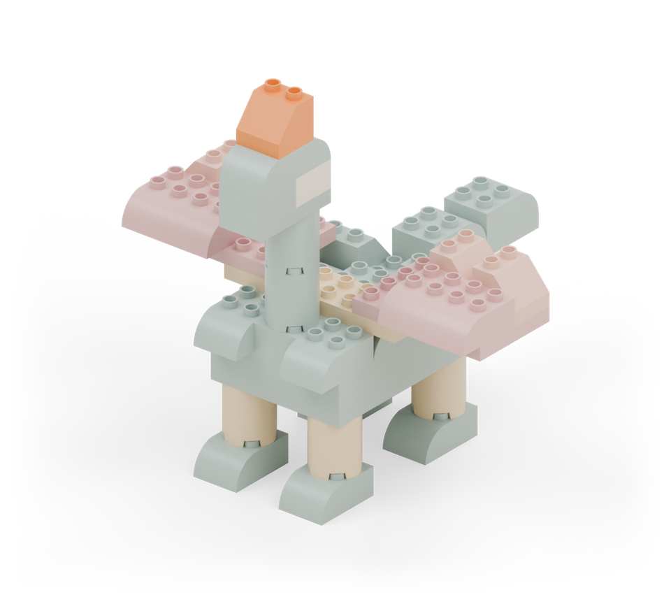 Add an orange roof slope on the four flat top studs of the head, pointing forward, to make the dragon’s crest. New additions are shown in their original colours; earlier pieces are lighter.
