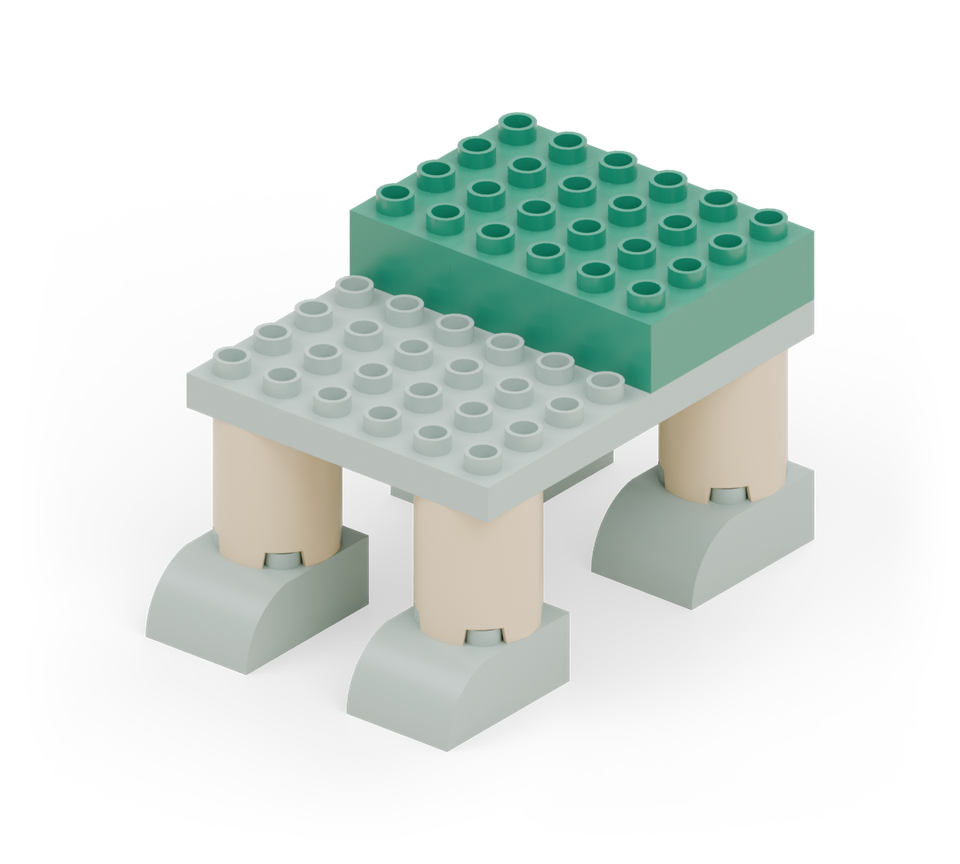 Cover the back half of the belly with three green long bricks side by side. New additions are shown in their original colours; earlier pieces are lighter.