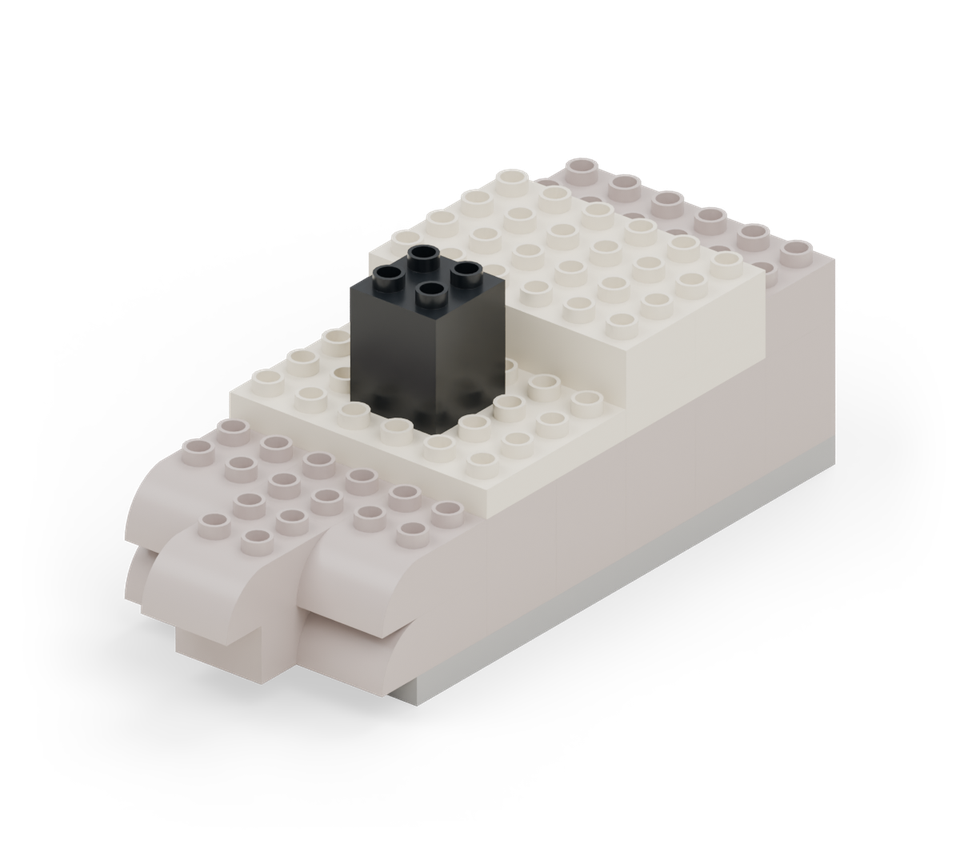 Step 13: Stand the black double-height square brick in the middle of the fixed deck, one row in from its back edge.