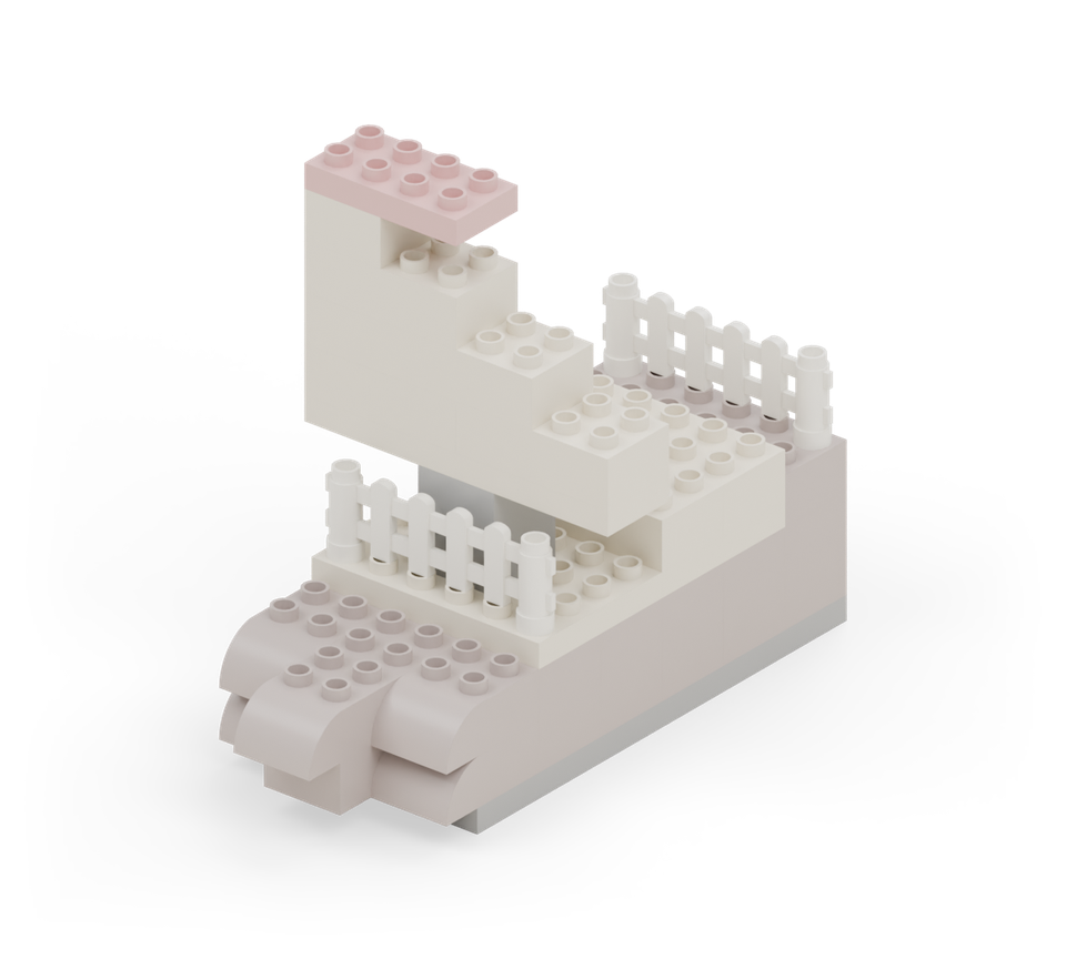 Step 19: Finish with a white fence across the stern ledge and another across the front edge of the fixed deck. Both run across the full width of the ship.