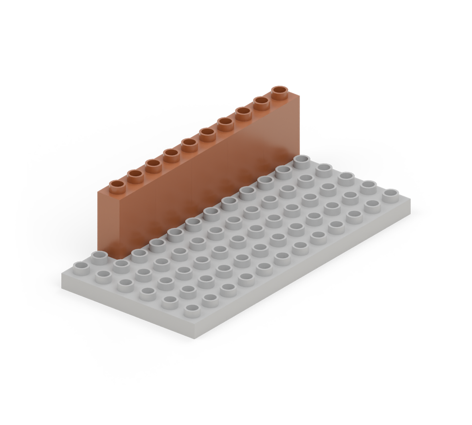 Step 2: Build the left side with five brown 1 × 2 double-height wall bricks, end to end along the outer column. Leave the front two rows clear.