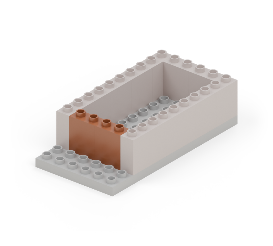 Step 5: Close the front of the hold with two brown wall bricks across the gap, on the row immediately behind the two clear front rows.