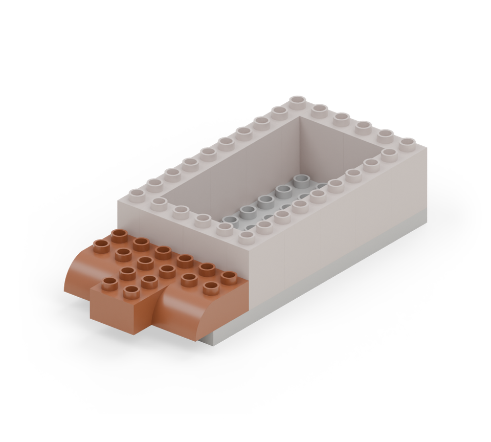 Step 6: Put a brown curved brick at each side of the clear front rows. Point their rounded ends forwards. Between them, add a brown 2 × 4 brick running forwards, with its rear half on the black base.