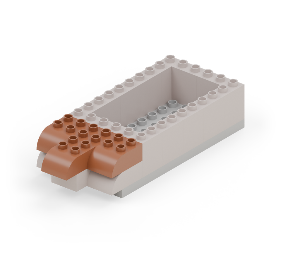 Step 7: Stack a brown curve on each side curve. Put a brown square on the back half of the middle brick, then a brown curve on its front half. The middle curve makes the projecting bow.