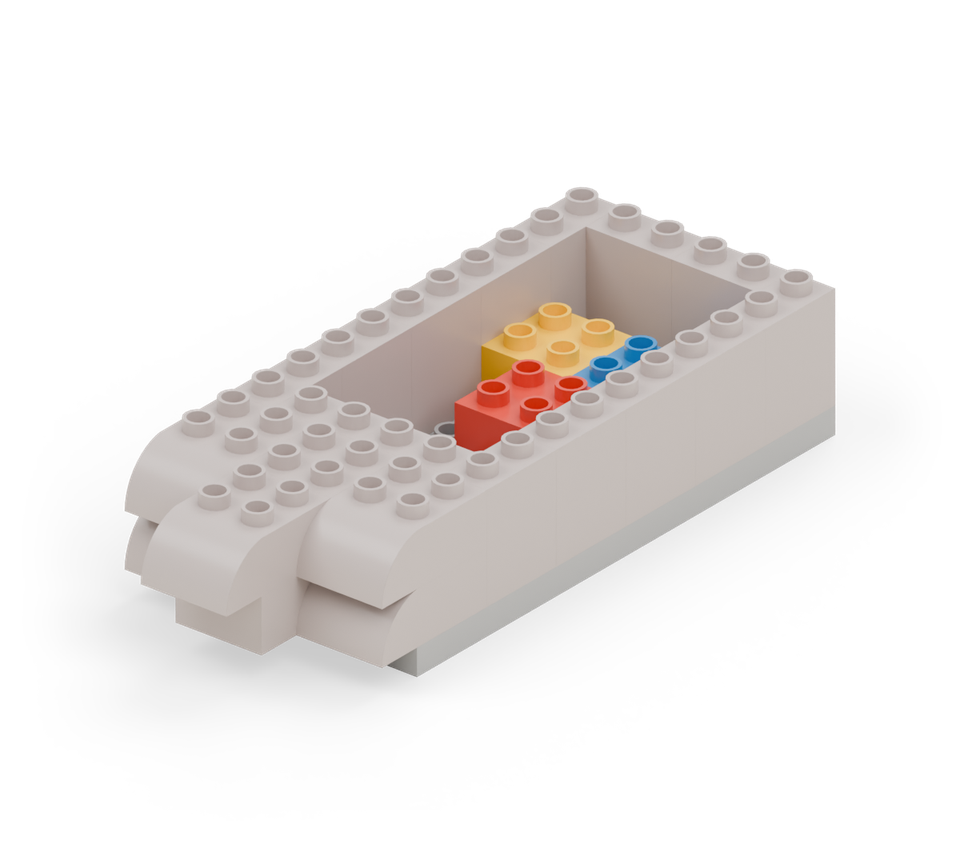 Step 8: Put the yellow and blue square bricks side by side on the floor, two rows from the back. Put the red square in front of them, centred across the hold.