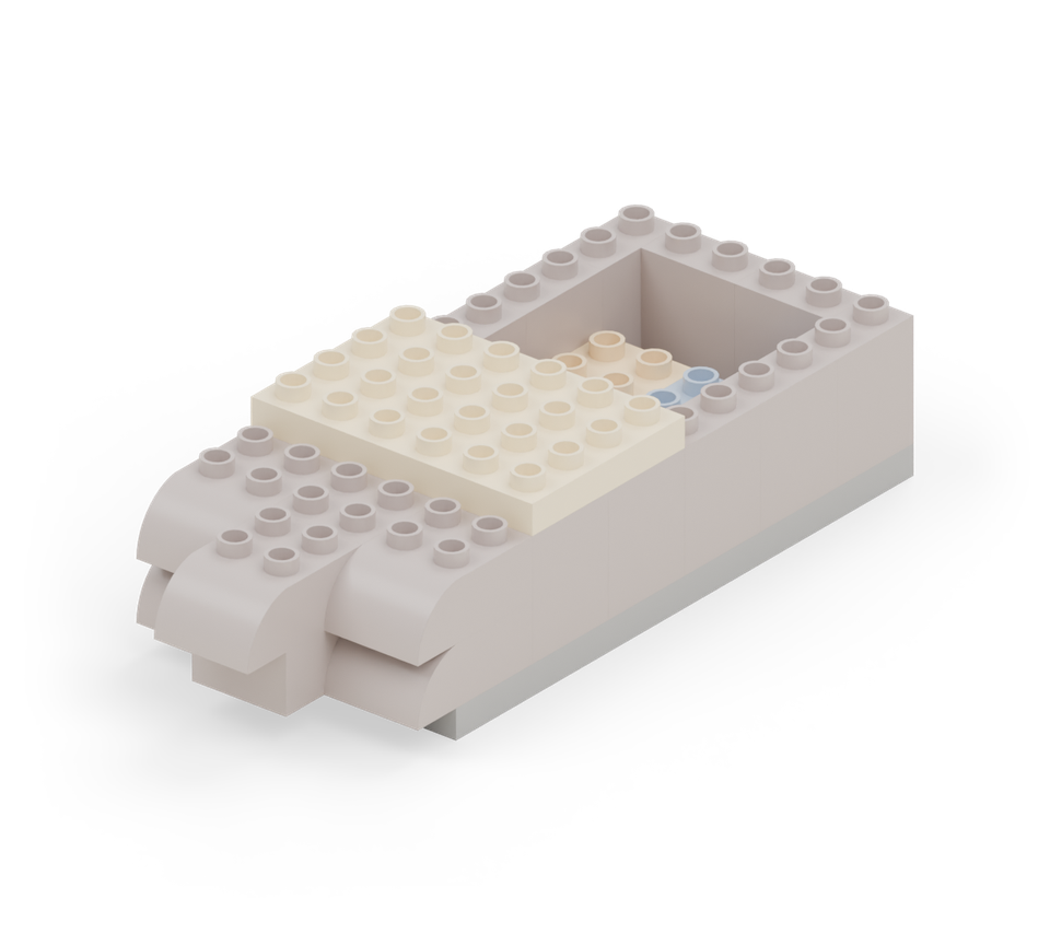 Step 9: Lay the cream 4 × 6 plate across the front four rows of the hold. Its long edges reach the side walls and its front edge meets the rounded bow.
