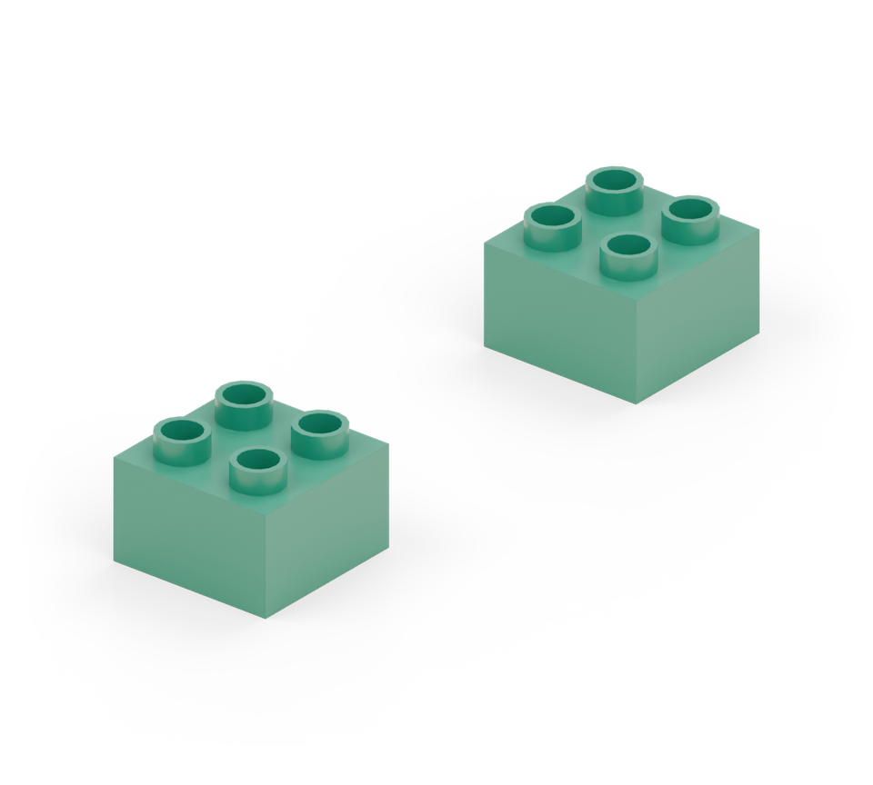 Set two green square bricks in a line with four stud rows of space between them. New additions are shown in their original colours; earlier pieces are lighter.