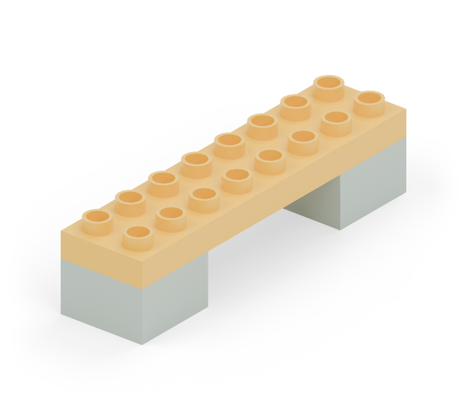 Join the legs with the yellow long plate. Its ends line up with the outer edges of the legs. New additions are shown in their original colours; earlier pieces are lighter.