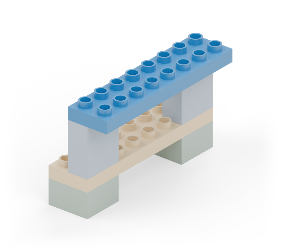 Bridge the two blue wall bricks with the blue long plate. The front half of the seat stays open. New additions are shown in their original colours; earlier pieces are lighter.