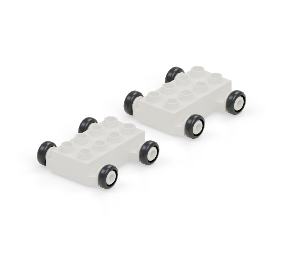 Set two white wheeled bases in a line with two clear rows between them. Each already has four black wheels. Put a white small plate on the eight studs of each base. New additions are shown in their original colours; earlier pieces are lighter.