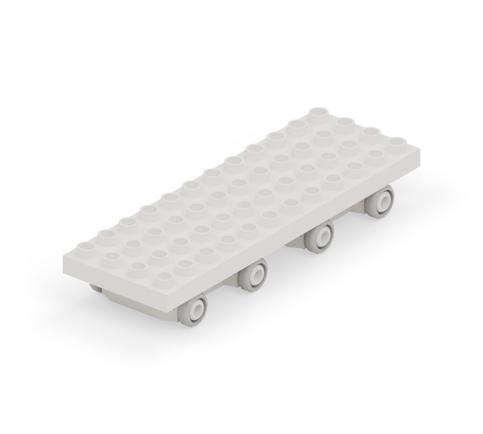 Lay two white wide plates end to end over the chassis. Centre the twelve-row floor so it extends one row beyond the back and front of the wheels. New additions are shown in their original colours; earlier pieces are lighter.