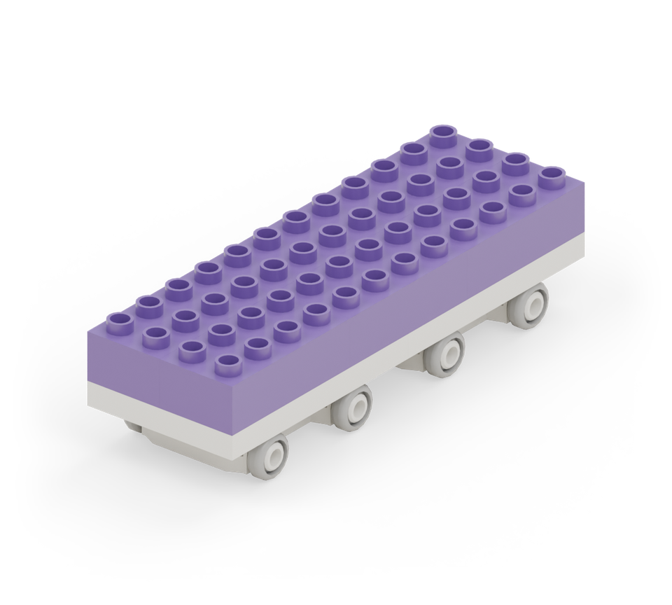 Join the floor seam with two purple long bricks side by side. Fill the rear and front sections with four more purple long bricks for a continuous stripe. New additions are shown in their original colours; earlier pieces are lighter.