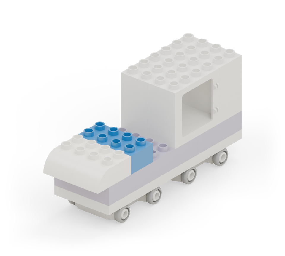 Make the cab at the front with two blue squares side by side for windows. Add two white curves in front of them, rounded ends pointing forward. New additions are shown in their original colours; earlier pieces are lighter.
