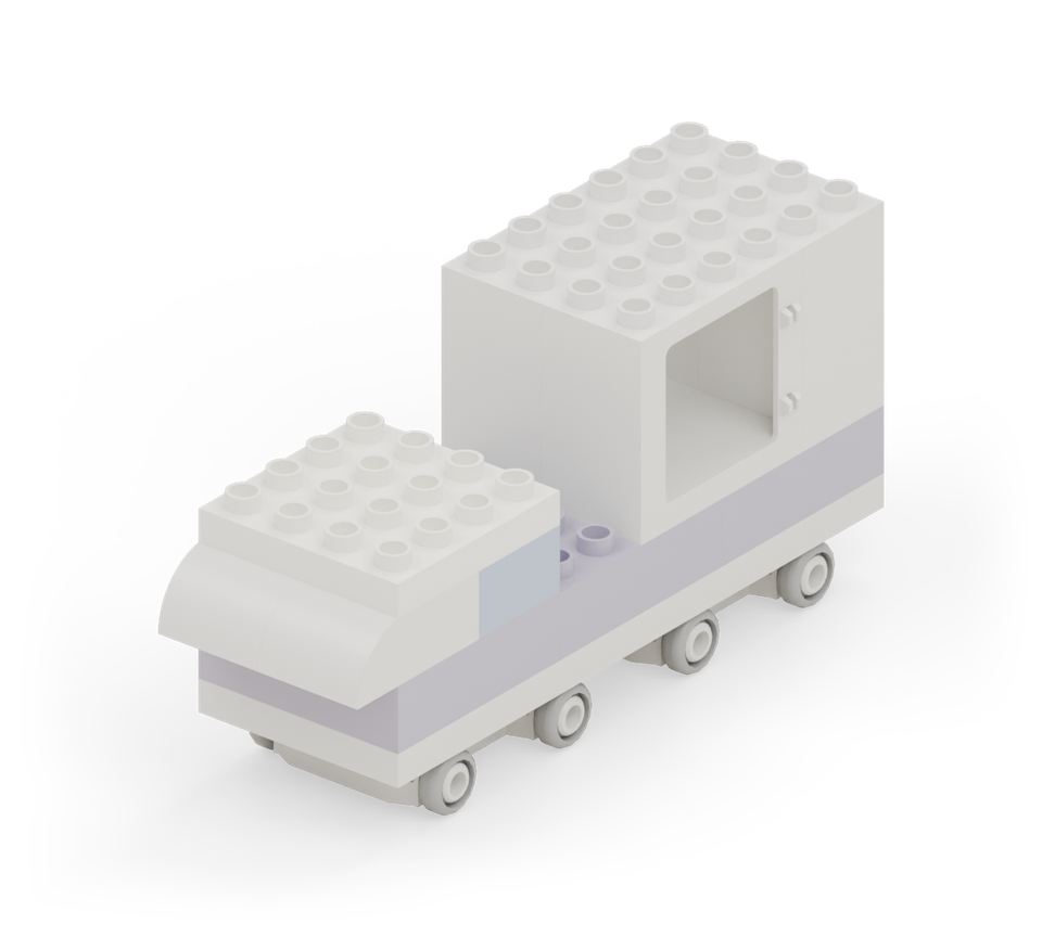 Roof the cab with a white square plate. Line its back edge up with the back of the blue windows. New additions are shown in their original colours; earlier pieces are lighter.