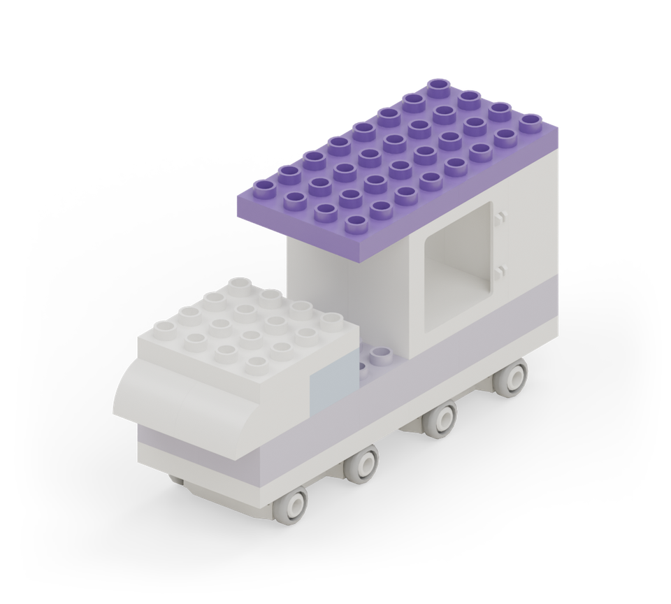 Cover the tall serving area with two purple square plates, end to end. Their back edge lines up with the rear wall; the front section projects toward the cab. New additions are shown in their original colours; earlier pieces are lighter.