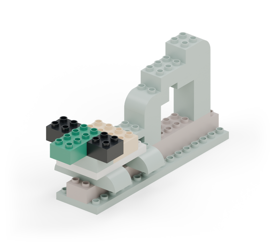 Step 11: Put a black square at each end of the head, each projecting one column outwards. Fit a green 2 × 4 brick between them, running forwards and projecting two rows beyond the head.
