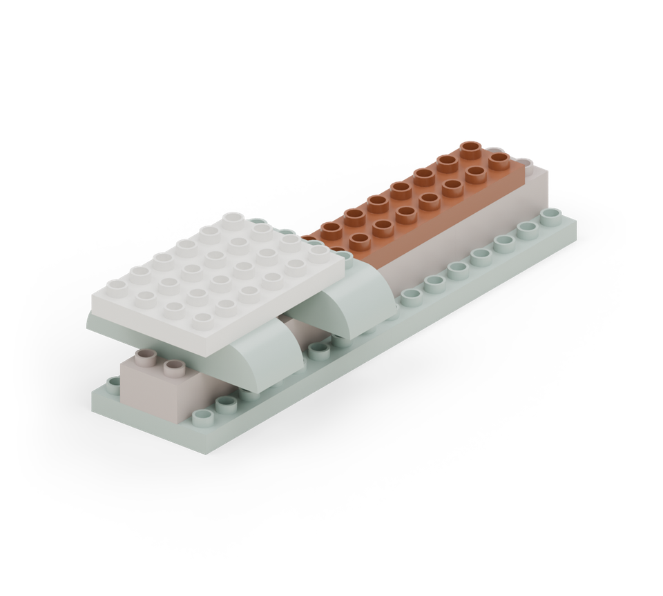 Step 5: Put a brown 2 × 8 plate along the back half of the branch, one row in from its back end. This crosses the join between the green floor plates.