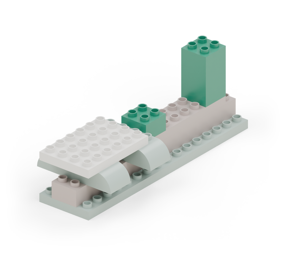 Step 6: Put a green double-height square at the back end of the brown tail plate and add a green square on top. Put a green square at the front end, leaving four clear rows between the uprights.
