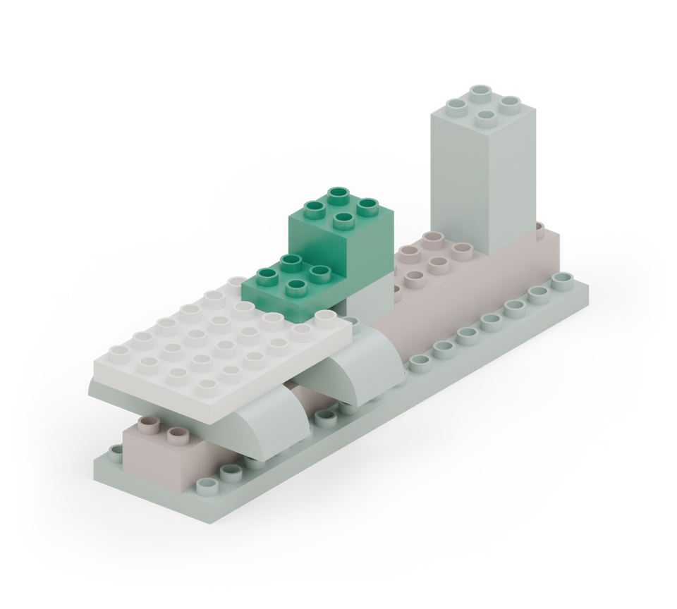 Step 7: Join the front tail square to the body floor with a green 2 × 4 plate running forwards. Its front row sits on the back row of the white body floor. Add a green square over the back half of this plate.