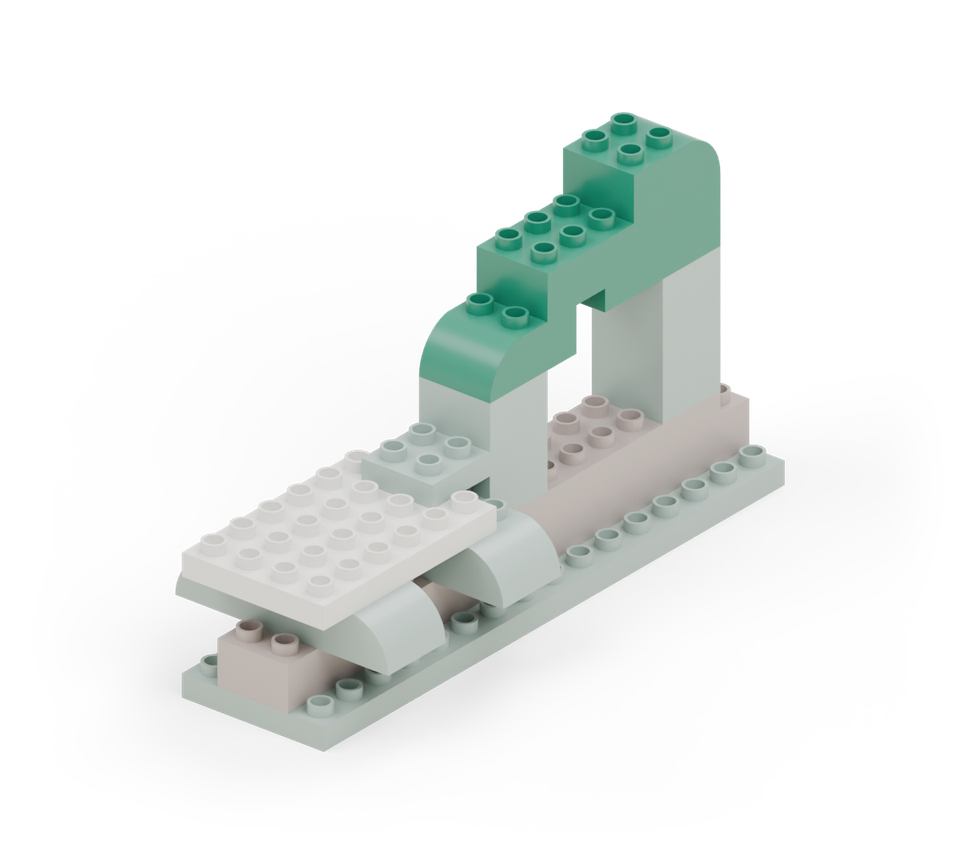 Step 8: Put a green curved brick over the front upright, projecting one row backwards with its rounded end forwards. Add a green 2 × 4 plate over the back upright, projecting two rows towards the body. Bridge above the opening with a green 2 × 6 brick, lined up at the back. Finish its back end with a green curved brick, rounded end backwards.