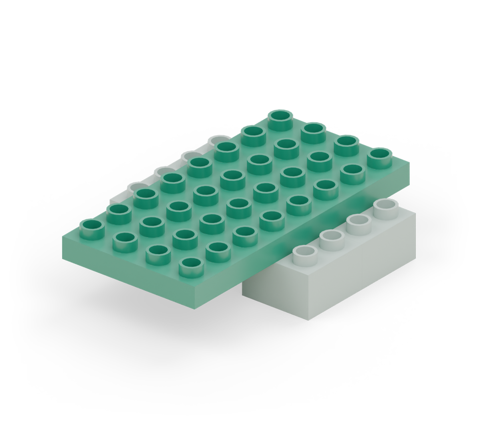 Step 2: Put a green 4 × 8 plate over the feet, running from back to front. Each foot projects one column outside its side.