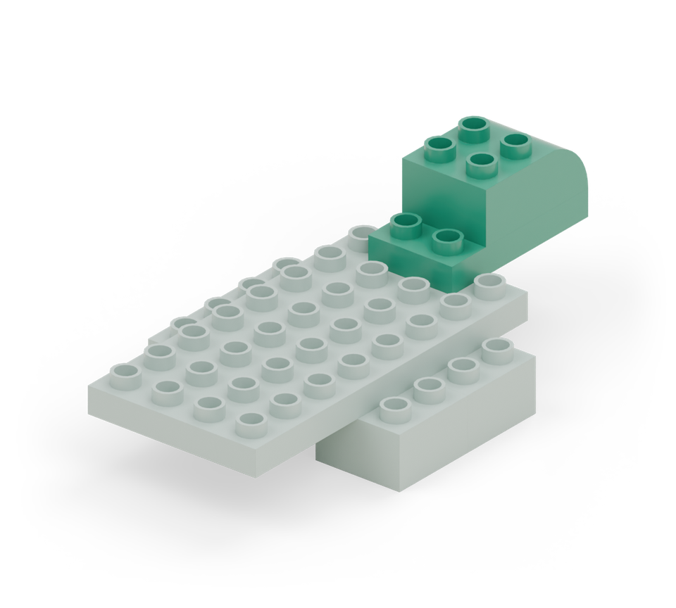 Step 3: Attach a green 2 × 4 plate at the back, centred left to right. Only its front row overlaps the body plate. Add a green curved brick at the outer end, rounded end pointing backwards.