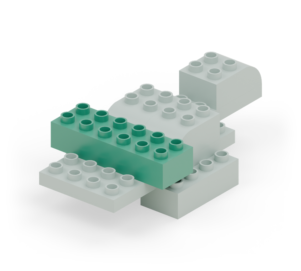 Step 5: Put a green 2 × 6 brick across the body behind the head, starting at the fifth row of the body plate. It projects one column on each side.