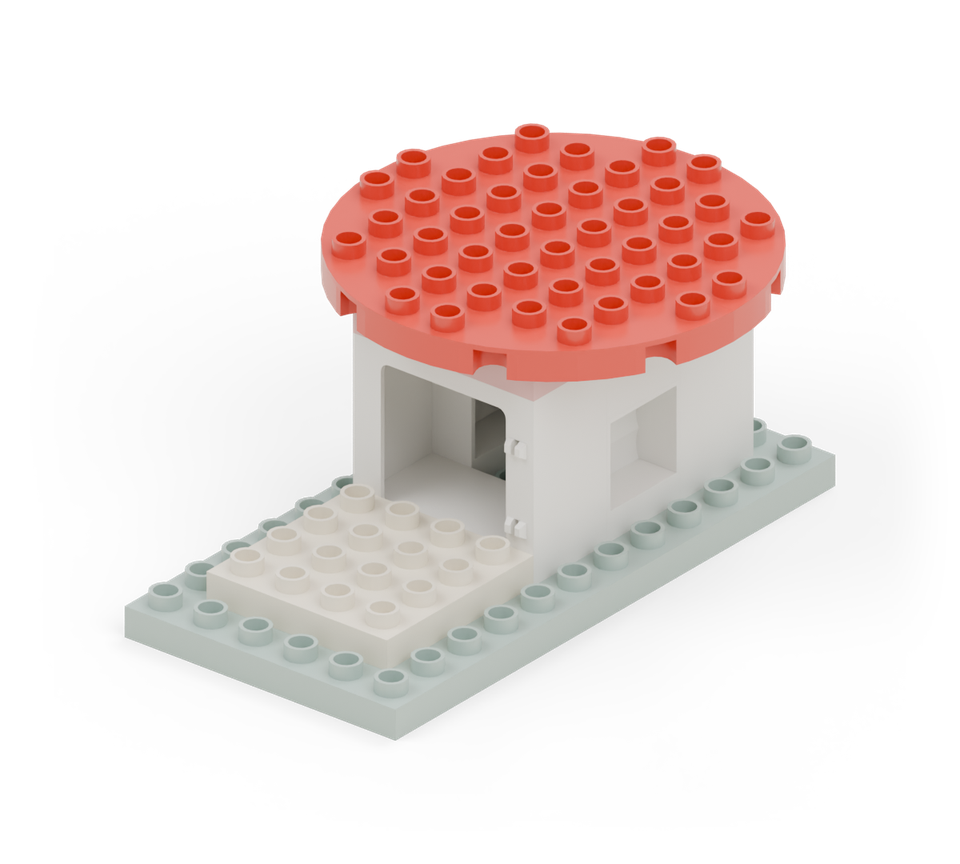 Make a broad round mushroom brim with two red semicircular plates. Centre their joined straight edges across the room; the round brim projects beyond the walls.