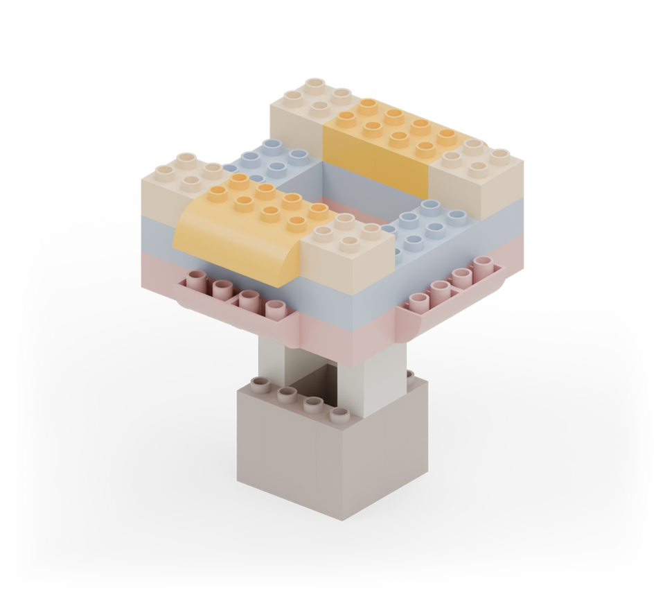 Step 13: Add two yellow curved-top bricks along the back and two along the front, rounded ends pointing outwards.