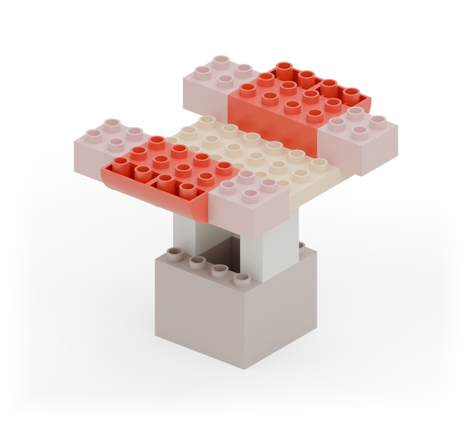 Step 8: Add two red curved-bottom bricks along the back and two along the front, rounded ends pointing outwards.