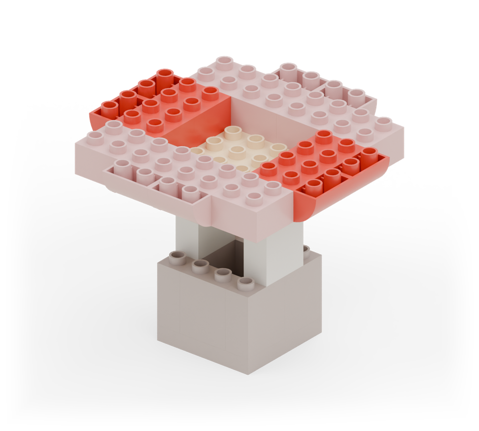 Step 9: Add two red curved-bottom bricks along each remaining side, rounded ends pointing outwards. Keep the middle empty.