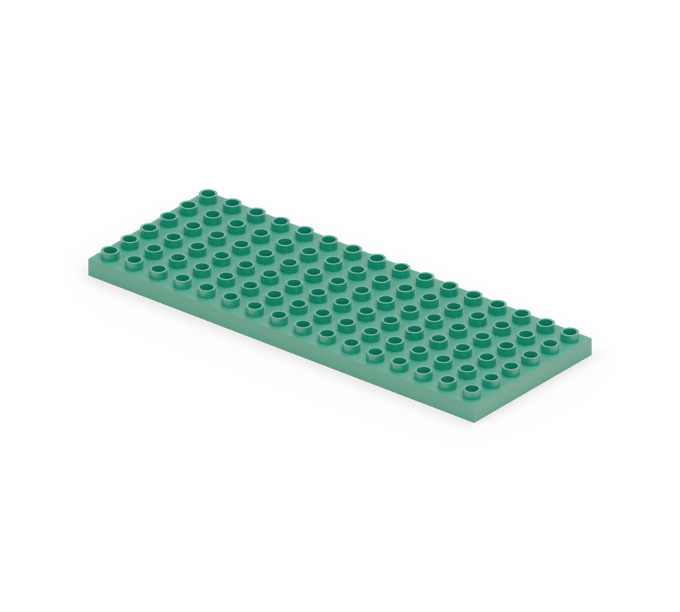 Set four green wide plates side by side to make a long sixteen-by-six-stud base. New additions are shown in their original colours; earlier pieces are lighter.