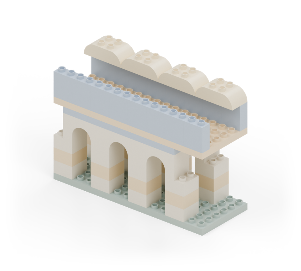 Cap the back rail with four cream double-curved bricks. Their rounded ends follow the length of the bridge. New additions are shown in their original colours; earlier pieces are lighter.