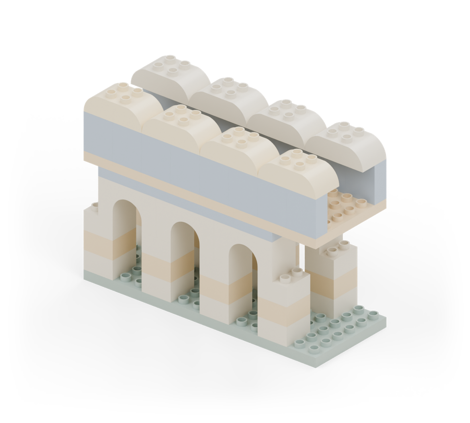 Cap the front rail with four cream double-curved bricks. Their rounded ends follow the length of the bridge. New additions are shown in their original colours; earlier pieces are lighter.