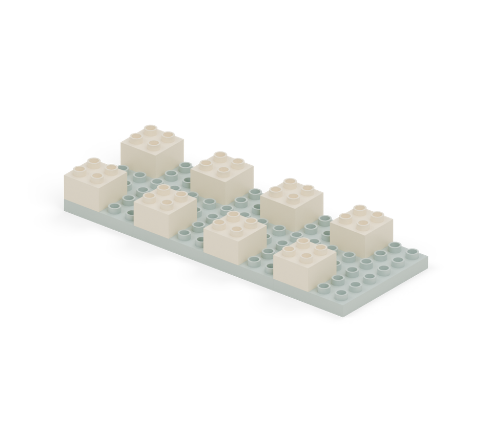 Start eight pillars with cream square bricks: four along the front edge and four along the back. Start at the left edge and leave two stud columns between neighbouring pillars. New additions are shown in their original colours; earlier pieces are lighter.
